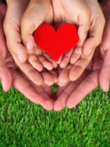 three pairs of hands holding a paper heart, green grass in the background